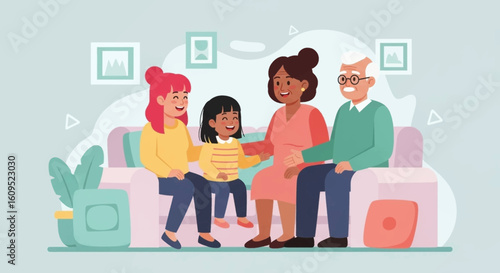 Happy multigenerational family sitting together on a sofa, perfect for family, togetherness, and generational themes.