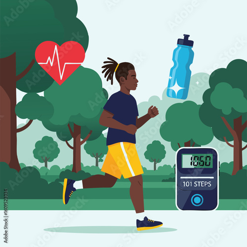 Man Jogging Outdoors Health Fitness Tracker Hydration Illustration