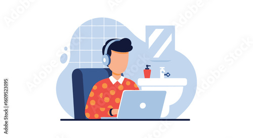 Person working on laptop in bathroom, perfect for articles on remote work, work-life balance, or flexible schedules.