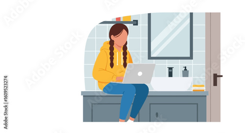 Young woman working on laptop in modern bathroom - perfect for blog, website, or social media.