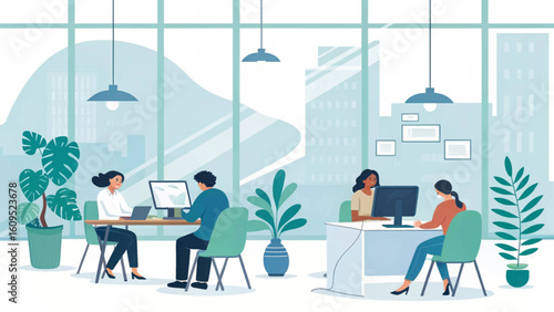 Modern Coworking Space Illustration: Diverse Team Working on Computers, Ideal for Website or Brochure