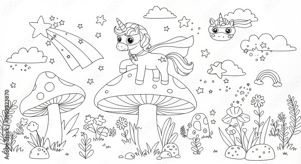 Fototapeta premium Magical Unicorn. Unicorn Coloring Page Outlines Featuring Mushrooms Stars and Rainbow