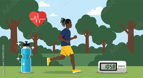 Man Running Outdoors Heart Rate Monitor Pedometer Illustration