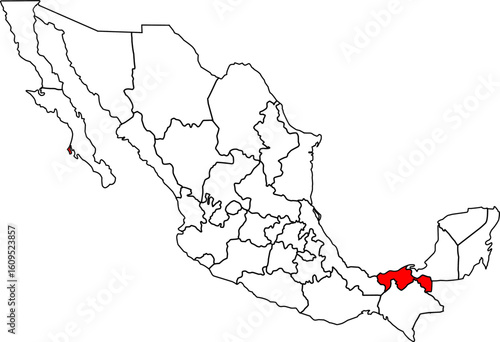 Blank political map of Mexico with Tabasco state highlighted. Perfect for education, infographics, regional mapping, and geographic designs.


