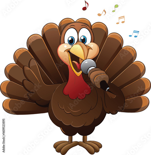 Cartoon Turkey Singing with a Microphone and Music Notes for Thanksgiving