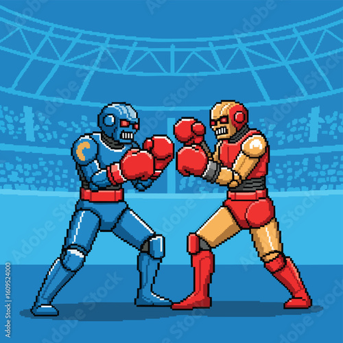 Pixelated Robots Boxing in a Futuristic Arena.