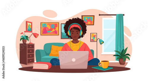 Young woman working from home, using laptop and headphones. Perfect for blog posts, websites or articles about remote work, freelance, or online learning.