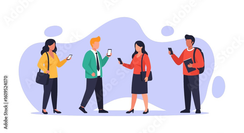 Diverse group of young professionals using smartphones, ideal for website banners or app interfaces.