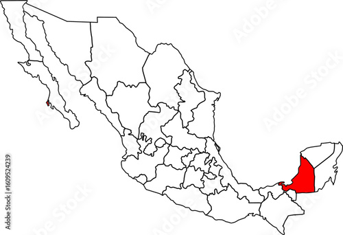 Blank political map of Mexico with Campeche state highlighted. Ideal for education, infographics, regional focus, and geographic presentations.

