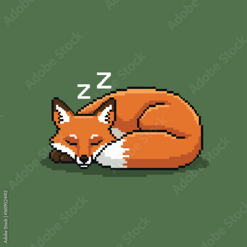 Pixel Art: Sleeping Fox with Zzzs on Green Background.