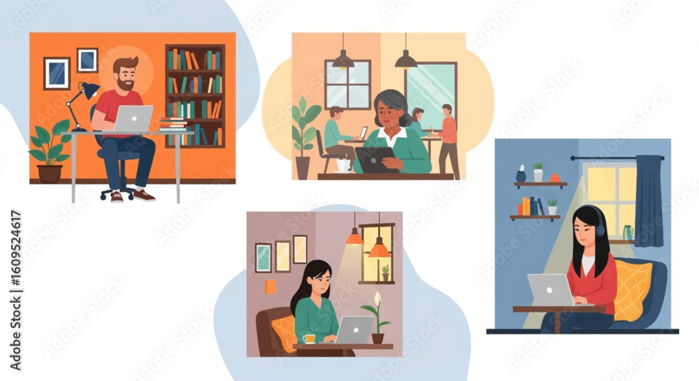 Diverse group of people working remotely from home, office, and cafe. Ideal for illustrating remote work, work from home, flexibility, and modern workstyles. Diverse group of people working remotely from home, office, and cafe. Ideal for illustrating remote work, work from home, flexibility, and modern workstyles.