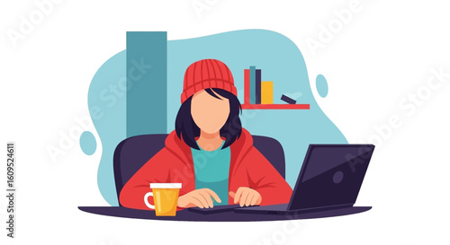 Woman working on laptop at home, perfect for blog posts about remote work or freelance lifestyle.