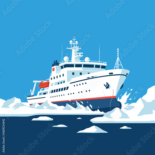 Modern icebreaker ship navigating through icy waters with scattered ice floes.
