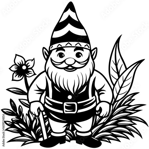 Gnomes with flower pot in cartoon style on white background