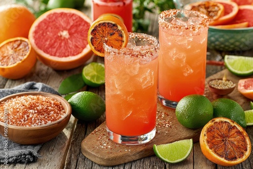 Rustic, eye-level still life of two grapefruit cocktails, garnished with oranges, limes, and chili-lime salt on aged wood