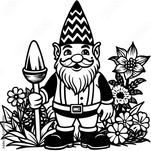 Gnomes with flower pot in cartoon style on white background