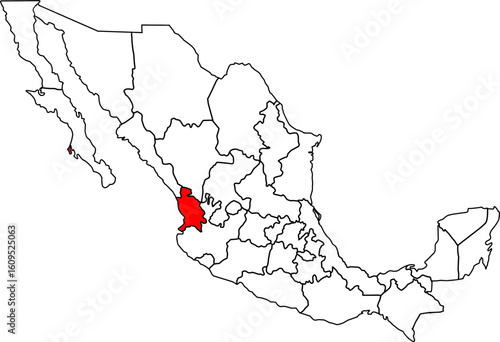 Map of Mexico with Nayarit State highlighted, ideal for geographic, coastal tourism, and cultural projects.

