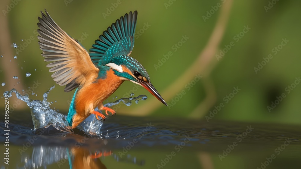 Fototapeta premium A beautiful kingfisher in flight with splashes of water capturing a moment of hunting