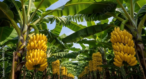 Rows of ripe yellow bananas hanging from trees in a plantation tropical fruit