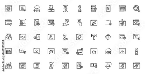 Internet security icon set. Minimal vector icons pack. Includes ad blocker, cloud computing, firewall, hacker, malware, password, phishing, virus and more. Editable stroke.