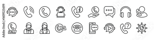 Consultant phone call center icon set. Contains contact information, help, support, live question, advice, 24 hours online video chat, assistant, customer service, operator, headset. Vector