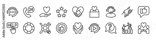 Support center icon set. Contains help care, technical service call, charity donate, handshake heart, friendship, assistance, question, buoy, live chat, volunteer, rating feedback, recommended. Vector