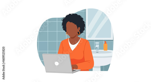 Woman working on laptop in bathroom, perfect for remote work, work-life balance, or digital nomad concepts.