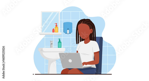 Woman working on laptop in bathroom, perfect for articles on work-life balance or remote work.