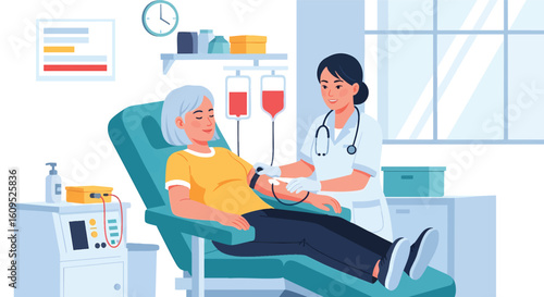Nurse Assisting Elderly Woman Blood Transfusion