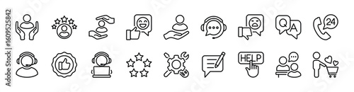 Customer service icon set. Contains satisfied support, client feedback, help call center, experience, question, complaint. operator, assistance and technical support, contact phone vector illustration
