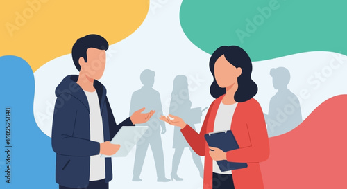 Two colleagues discussing project, modern business illustration for website or presentation.