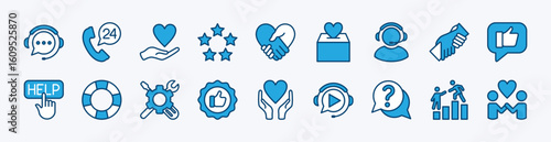 Set of support center icon. Contains help care, technical service call, charity donate, handshake heart, friendship, assistance, question, buoy, live chat, volunteer, rating feedback, recommended