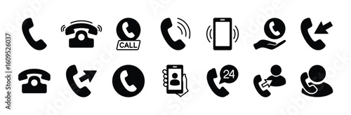 Mobile phone call icon vector set. Contains contact button, ringing, incoming and outgoing calls, 24 hour office telephone service, landline, vibrating smartphone. Illustration