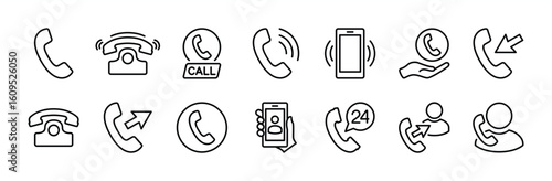 Mobile phone call icon set. Contains contact button, ringing, incoming and outgoing calls, 24 hour office telephone service, landline, vibrating smartphone. Vector illustration