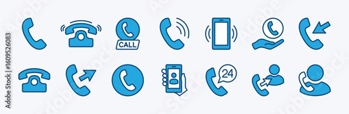 Set of mobile phone call icon. Contains contact button, ringing, incoming and outgoing calls, 24 hour office telephone service, landline, vibrating smartphone. Vector illustration