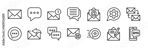 Chat message icon set. Contains speech bubble, conversation, dialogue text, email contact, reply, read, setting, delete, sent, write, sms button. Vector illustration