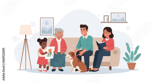 Happy multigenerational family relaxing at home with their dog. Perfect for family, home, and togetherness concepts.