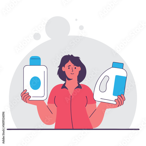 A woman holds two different cleaning product bottles one a tall rectangular container and the other a jug with a handle in a simple illustration