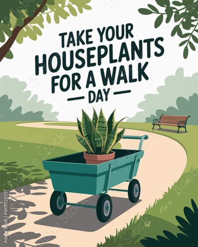 Take Your Houseplants for a Walk Day Illustration with Plant on Wagon