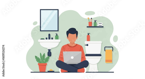 Person working on laptop in bathroom, illustration for blog post about remote work.