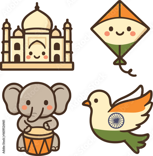A set of colorful flat vector icons representing Indian Independence Day, including the national flag, Ashoka Chakra, traditional lamps, patriotic symbols, and cultural items. 