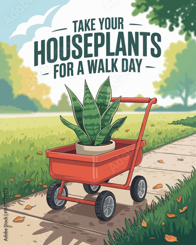 Take Your Houseplants for a Walk Day Illustration with Plant on Wagon