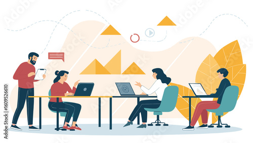 Teamwork and Collaboration: Illustrative vector of a diverse team working together on laptops, ideal for website banners and presentations.