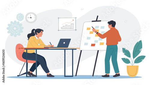Collaborative teamwork: Illustration of two colleagues working together on a project, perfect for website landing pages or business presentations.