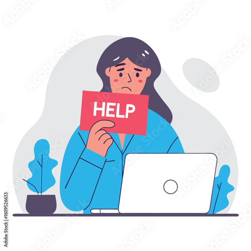 Overwhelmed woman holding a red sign with the word help in front of her face while sitting at a laptop computer