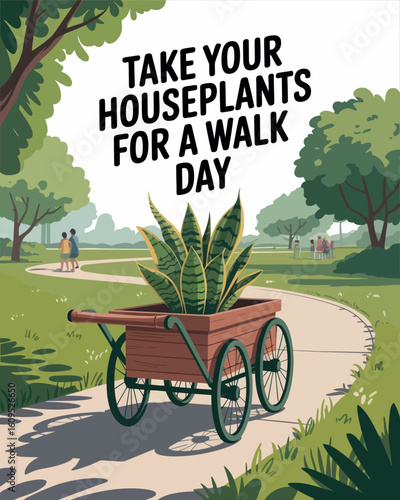 Take Your Houseplants for a Walk Day Illustration with Plant on Wagon