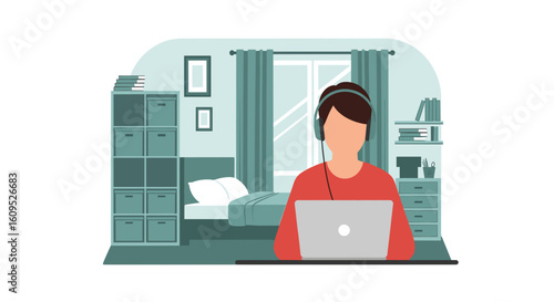 Person working from home on laptop, illustration for remote work, online education or freelance concept.