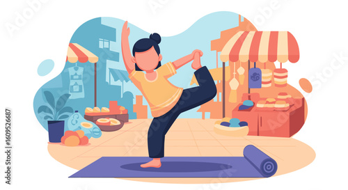 Woman practicing yoga outdoors near a market, perfect for wellness websites or brochures.