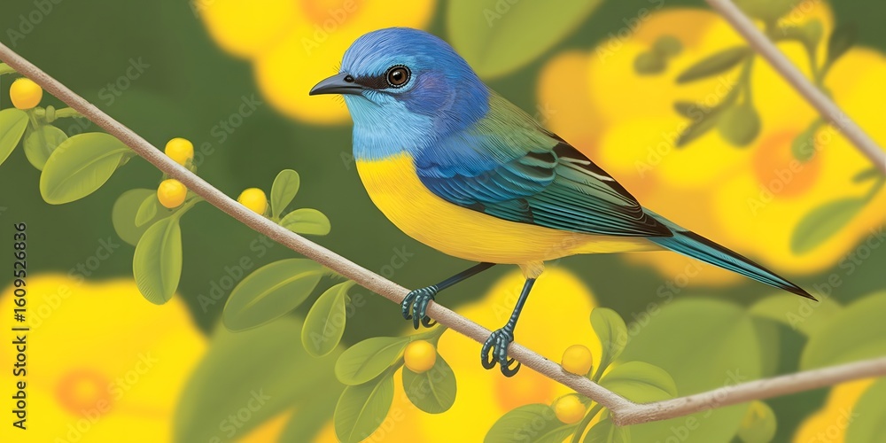 Obraz premium Colorful bird perched on a branch with yellow flowers in a natural artistic setting