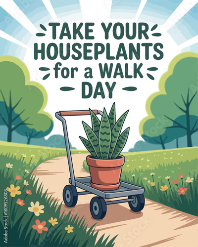 Take Your Houseplants for a Walk Day Illustration with Plant on Wagon